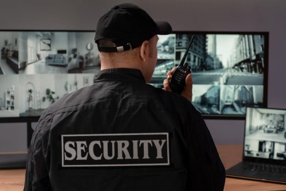 Agent de sécurité de dos devant des écrans de contrôle pour la surveillance des locaux professionnels.