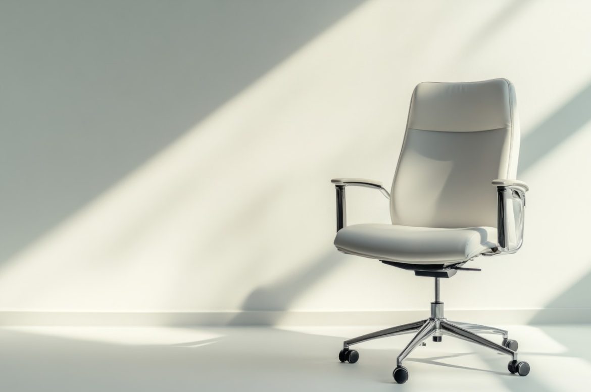 Fauteuil de Bureau Ergonomique blanc en cuir avec base chromée sur fond minimaliste et ombres.
