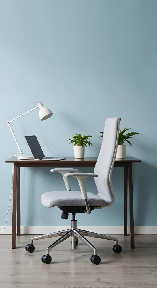 Un poste de travail élégant avec un fauteuil de bureau ergonomique gris clair devant un bureau en bois brun foncé, une lampe de table blanche et deux plantes en pot, le tout sur un mur bleu pastel.